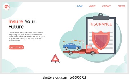 Insurance company web site landing page with flat images of cars with text agreement clickable links vector illustration