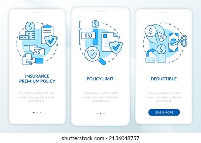 Insurance components blue onboarding mobile app screen. Coverage walkthrough 3 steps graphic instructions pages with linear concepts. UI, UX, GUI template. Myriad Pro-Bold, Regular fonts used
