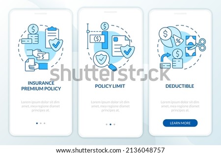 Insurance components blue onboarding mobile app screen. Coverage walkthrough 3 steps graphic instructions pages with linear concepts. UI, UX, GUI template. Myriad Pro-Bold, Regular fonts used
