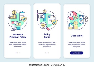 Versicherungskomponenten auf dem mobilen Apps-Bildschirm. Finanzschutz durchlaufen 3 Stufen grafische Anleitungen Seiten mit linearen Konzepten. UI, UX, GUI-Vorlage. Myriad Pro-kühne, Standardschriftarten verwendet