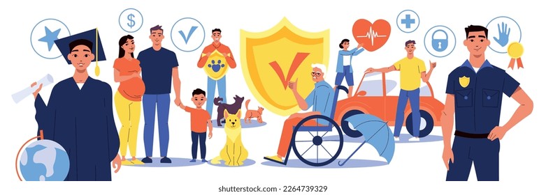 Insurance composition of flat human characters with student guard disabled person family and pet shelter symbols vector illustration