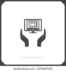 Icono del equipo de seguros. Computadora en mano. Icono del vector.