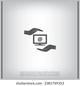 Insurance computer icon. Computer in hand. Vector icon.