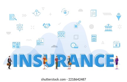 insurance concept with big words and people surrounded by related icon spreading with modern blue color style