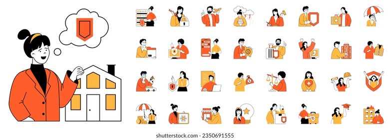 Insurance concept with character situations mega set. Bundle of scenes people insure houses, flights, medical services, financial savings, business and other. Vector illustrations in flat web design