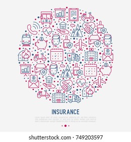 Insurance concept in circle with thin line icons: health, life, car, house, savings. Modern vector illustration for banner, template of web page, print media.