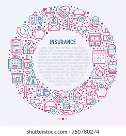 Insurance concept in circle with thin line icons: health, life, car, house, savings. Modern vector illustration for banner, template of web page, print media.