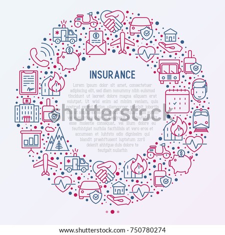 Insurance concept in circle with thin line icons: health, life, car, house, savings. Modern vector illustration for banner, template of web page, print media.