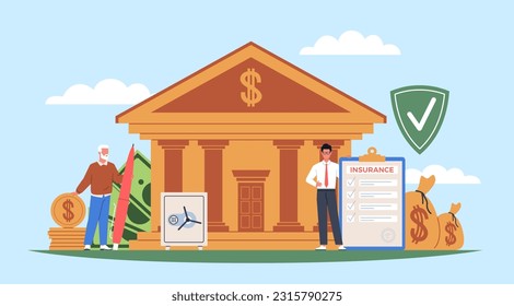 Insurance concept. Financial investments in various spheres of life, people in bank, man signs contract with agent. Safety shield and document, cartoon flat illustration, nowaday vector concept
