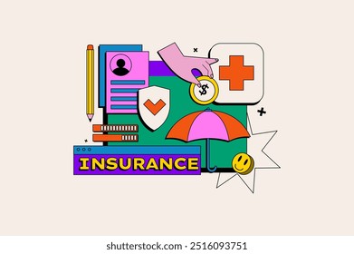 Insurance concept in the flat cartoon style. Colorful image with icons representing insurance, such as documents, money, healthcare symbol. Vector illustration.