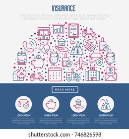Insurance concept in half circle with thin line icons: health, life, car, house, savings. Modern vector illustration for banner, template of web page, print media.
