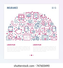 Insurance concept in half circle with thin line icons: health, life, car, house, savings. Modern vector illustration for banner, template of web page, print media.