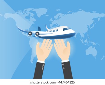 insurance concept with hands supporting and protecting during the travel by airplane