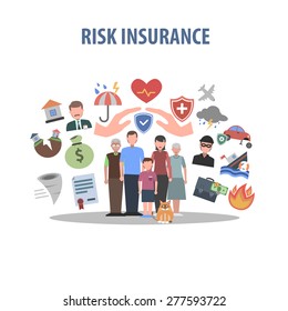 Insurance concept with human hands and accident protection symbols flat vector illustration