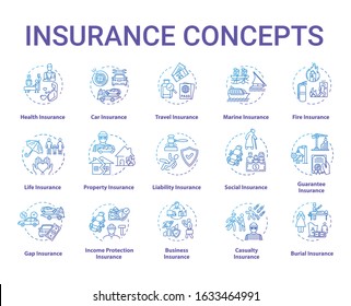 Insurance concept icons set. Protection from financial loss. Liability plan. Risk management idea thin line RGB color illustrations. Vector isolated outline drawings. Editable stroke