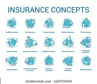 Insurance concept icons set. Protection from financial loss. Social coverage. Risk management idea thin line RGB color illustrations. Vector isolated outline drawings. Editable stroke