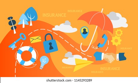Insurance concept. Idea of security and protection of property and life from damage. Health and business safety. Set of colorful icons. Flat vector illustration