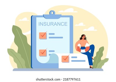 Concepto de seguro. Idea de la seguridad y protección de los bienes y la vida frente a los daños. Seguridad de viajes y negocios. Indemnización de emergencia o pago social. Ilustración vectorial plana