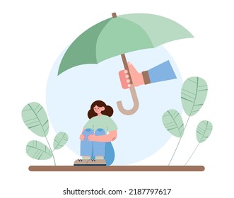 Concepto de seguro. Idea de la seguridad y protección de los bienes y la vida frente a los daños. Seguridad de viajes y negocios. Indemnización de emergencia o pago social. Ilustración vectorial plana