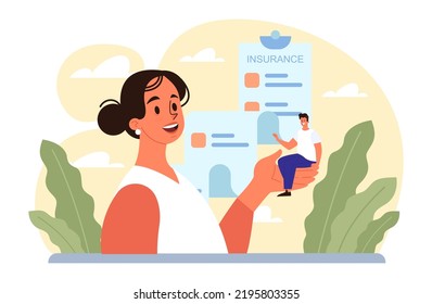 Insurance concept. Idea of security and protection of property and life from damage. Travel and business safety. Emergency compensation or social payment. Flat vector illustration