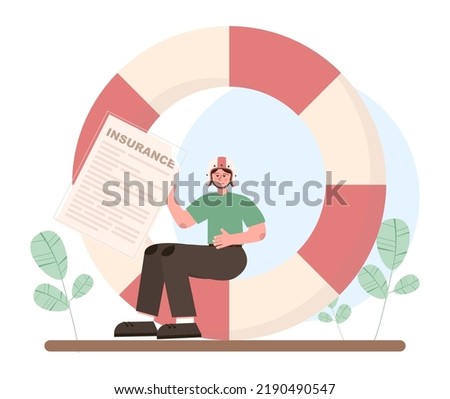 Insurance concept. Idea of security and protection of property and life from damage. Travel and business safety. Emergency compensation or social payment. Flat vector illustration
