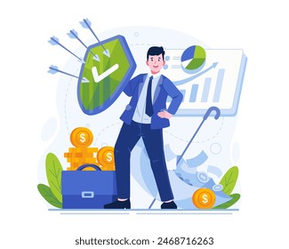 Insurance Concept Illustration. A Businessman Holding a Shield to Protect His Business and Investments With Insurance