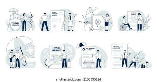 Insurance concept. Insure risk contract, safe health and car. Medical healthcare, business support. Family, medicine and home protection recent vector set