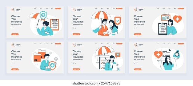 Conceito de seguro de página inicial com modelos de slide definidos em design plano. Cabeçalhos do site com pessoas que usam o contrato de serviço de proteção para salvar saúde, família, finanças. Ilustrações vetoriais.