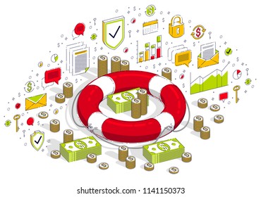Insurance concept, Life Buoy with cash money dollar stack and coins isolated on white background. Vector 3d isometric business illustration with icons, stats charts and design elements.