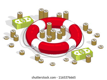 Insurance concept, Life buoy lifebelt with cash money dollar stack and coins isolated on white background. Vector 3d isometric business and finance illustration, thin line design.