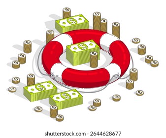 Insurance concept, Life buoy lifebelt with cash money dollar stack and coins isolated on white background. Vector 3d isometric business and finance illustration, thin line design.