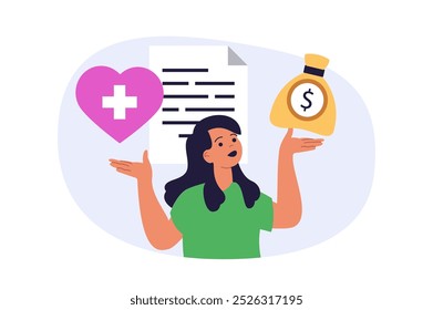 Concepto de seguro en diseño plano moderno para el Web. La mujer concluye los documentos de Acuerdo de la política de salud y el Plan de ahorro financiero para emergencias, utilizando los servicios de garantía. Ilustración vectorial.