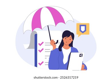 Concepto de seguro en diseño plano moderno para el Web. Mujer con paraguas concluye documento de Acuerdo de política de salud y Plan de ahorro médico para Asistencia hospitalaria en urgencias. Ilustración vectorial.