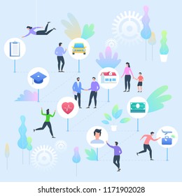 Insurance concept. People with Insurance Services icons of car, education, house, health, life and travel. Vector flat illustration