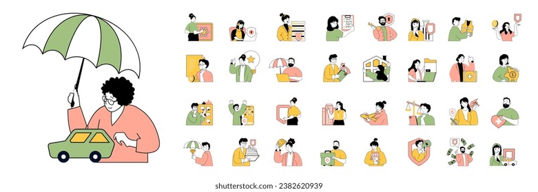 Insurance concept with people situations mega set in flat web design. Bundle scenes of car, house, deposit, other protection service. Vector illustrations for social media banner, marketing material.