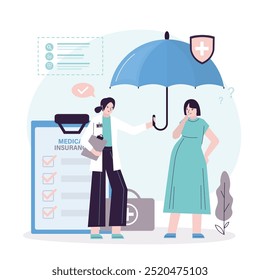 Insurance concept. Pregnant woman holds umbrella and talking with doctor or obstetrician, insurance policy to pregnant. Maternity, medical protection. Health assurance protecting against accidents.