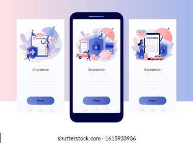 Insurance concept. Property and health insurance. Healthcare, finance and medical service. Screen template for mobile smart phone. Modern flat cartoon style. Vector illustration on white background