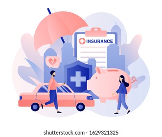 Insurance concept. Property and health insurance. Healthcare, finance and medical service. Modern flat cartoon style. Vector illustration on white background