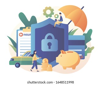 Insurance concept. Property and health insurance. Healthcare, finance and medical service. Modern flat cartoon style. Vector illustration on white background