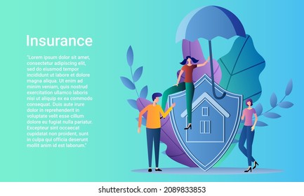 Insurance.The concept of property protection.People on the background of an umbrella and a large shield.Poster in business style.Flat vector illustration.