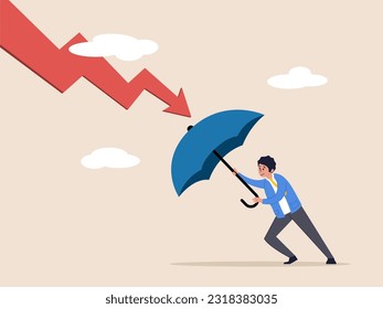 Insurance concept. Protection or defensive stock in economy crisis or market crash, business resilient to survive difficulty, businessman holding umbrella to cover and protect from downturn arrow.