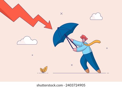 Insurance concept. Protection or defensive stock in economy crisis or market crash, business resilient to survive difficulty, businessman holding umbrella to cover and protect from downturn arrow.