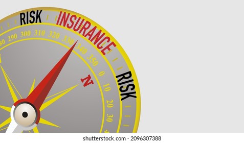 Insurance concept, risk. A red compass arrow indicates a safe and correct direction for insurance risks. Copy space. Vector illustration