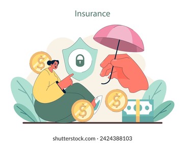 Insurance concept. Safeguarding financial assets with comprehensive coverage. Illustrating the shield of economic security. Flat vector illustration.