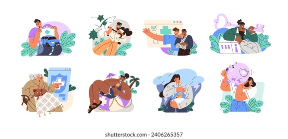 Insurance concept set. Assurance car, life, health, real estate, business, travel. Medicine policy. People insured home from natural disasters. Flat isolated vector illustration on white background