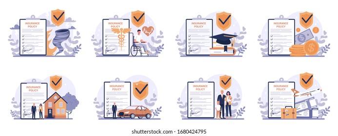 Insurance concept set. Idea of security and protection of property and life from damage. Travel and business safety. Isolated flat vector illustration