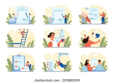 Insurance concept set. Idea of security and protection of property and life from damage. Travel and business safety. Emergency compensation or social payment. Flat vector illustration