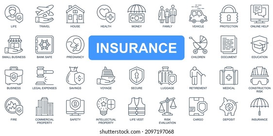 Insurance concept simple line icons set. Pack outline pictograms of life, travel, house, health, money, business, protection, online help and other. Vector symbols for website and mobile app design