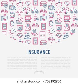 Insurance concept with thin line icons: health, life, car, house, savings. Modern vector illustration for banner, template of web page, print media.