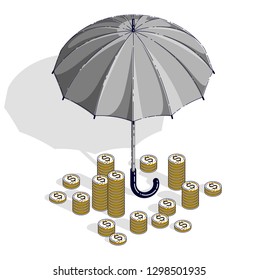 Insurance concept, umbrella with cash money dollar stack and coins isolated on white background. Vector 3d isometric business and finance illustration, thin line design.
